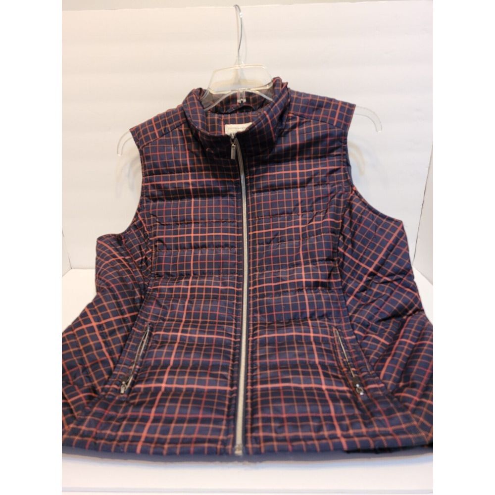 Christopher & Banks Puffer Vest Womens‎ XL Navy Orange Plaid Quilted Zip